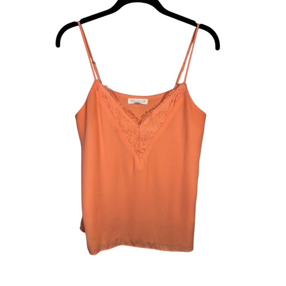 Socialite Cami Tank Top Womens XS Coral V-Neck Lace Trim Spaghetti Straps